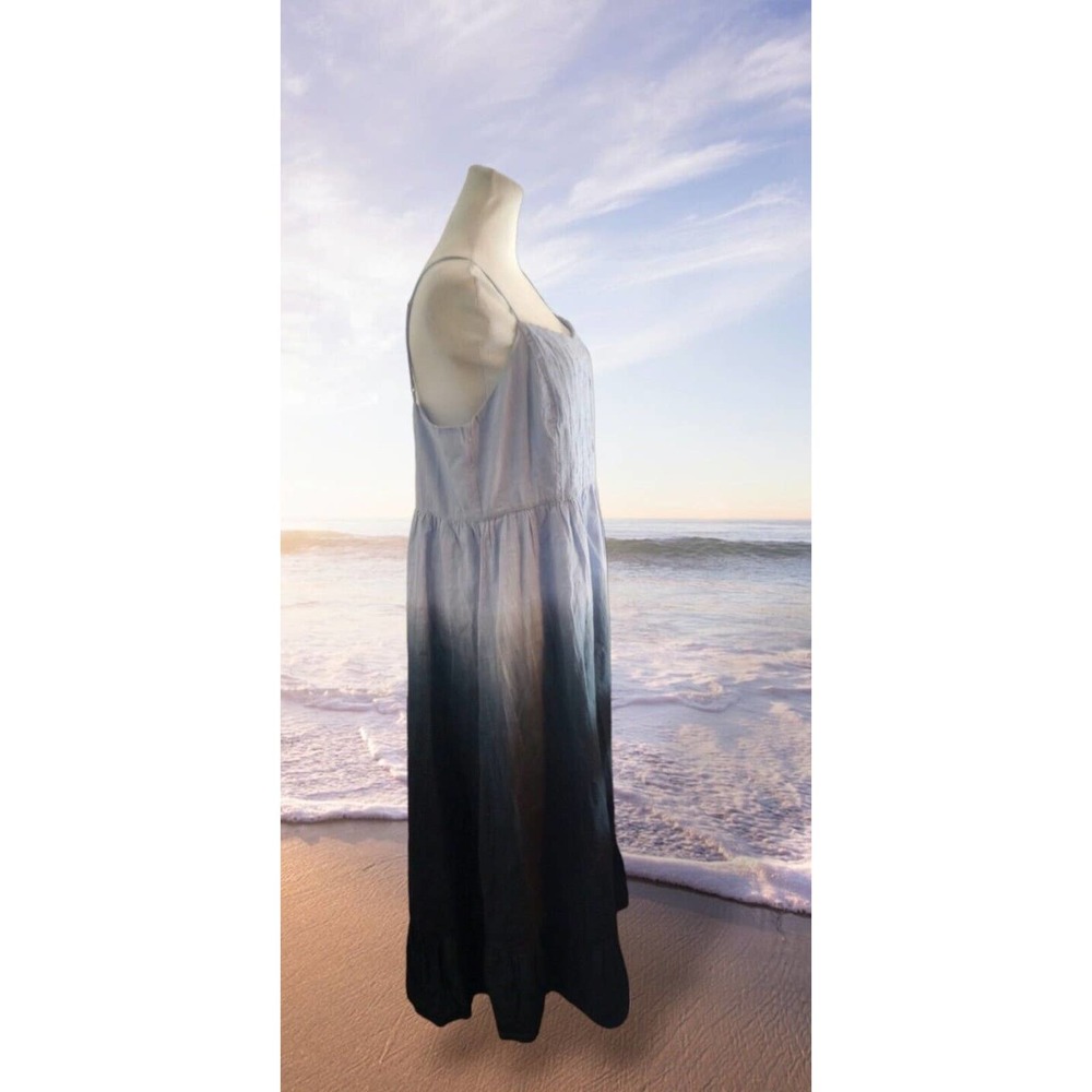 Ces Femme sz 1XL 100% Cotton Maxi Tiered Dress Zipper Pintuck Tie Dye Lined Blue